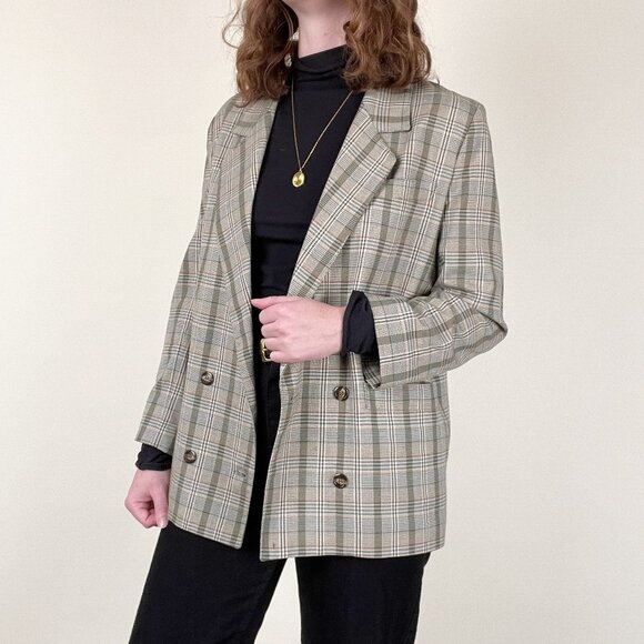 Vintage Plaid Double Breasted Oversized Blazer Jacket Pea Coat Preppy Long Light - Picture 1 of 6